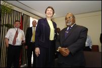 Image By Jason Dorday: Helen Clark speaks to media in Port Moresby PNG.